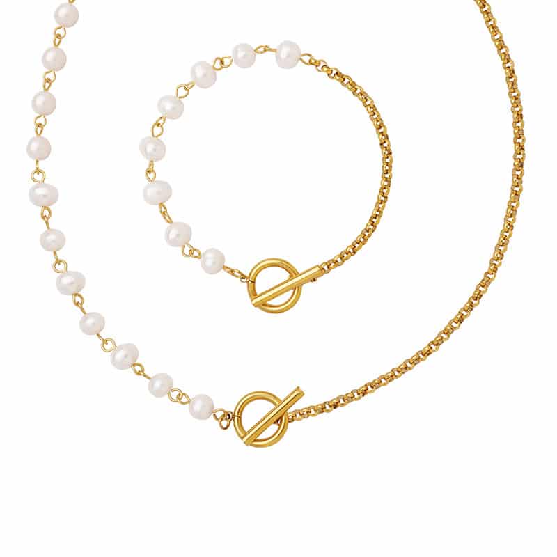 Set Perhiasan Gelang Titanium Steel dengan Gesper Mutiara Air Tawar