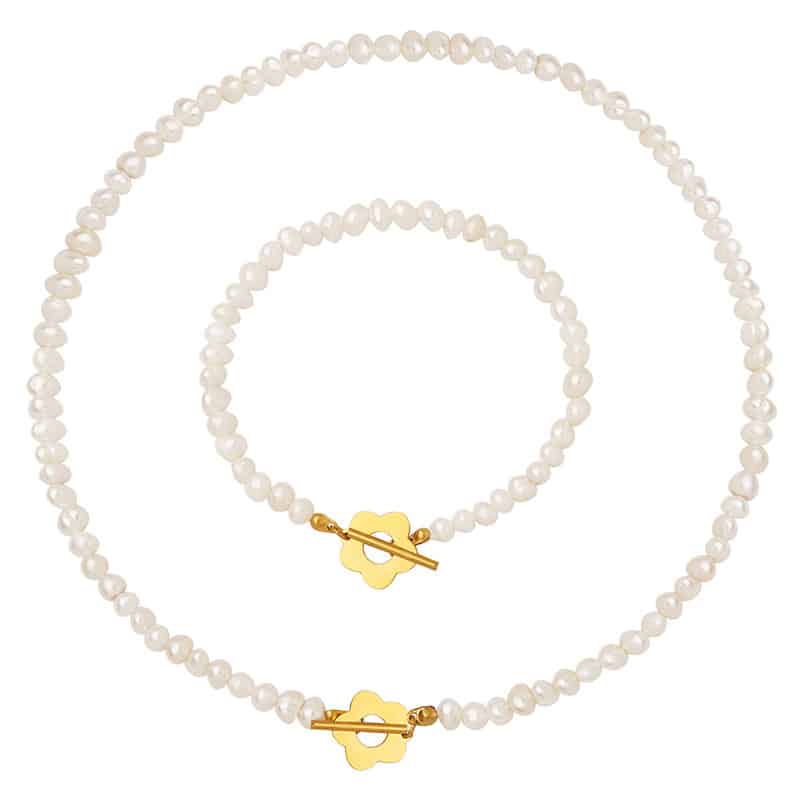 Set Perhiasan Kalung dan Gelang Mutiara Air Tawar Gaya Baroque dengan Gesper OT