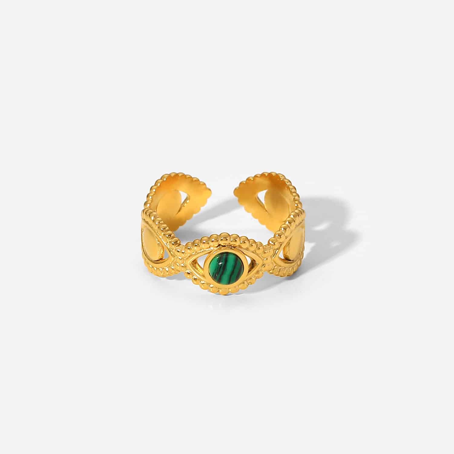 Modiga ringar i rostfritt stål med malakit och ”Eye of the Devil”-motiv
