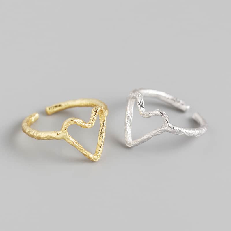 Geometrisk hjärtformad ring i S925 sterlingsilver med texturmönster, öppen ring i persikofärg