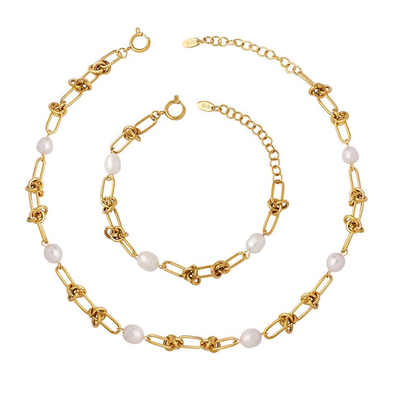 Set Perhiasan Kalung Mutiara Elegan Berlapis Emas, Kalung Rantai Twist, dan Gelang