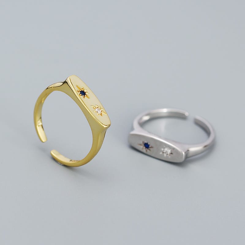 S925 silver minimalistisk ring med åttaspetsig stjärna i färgad zirkon, öppen ring