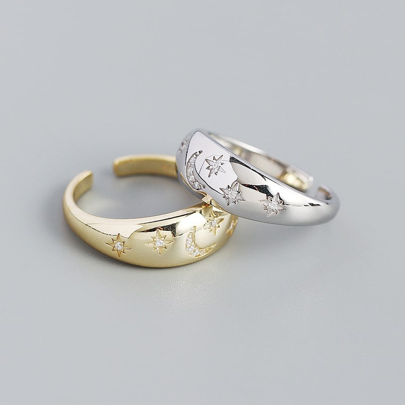 S925 silver geometrisk ring stjärna måne klorinfattning öppen ring