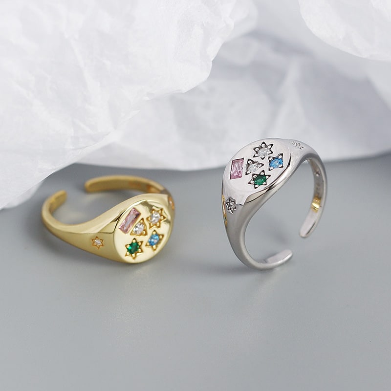 S925 silver geometrisk ring för kvinnor med färgade zirkoner
